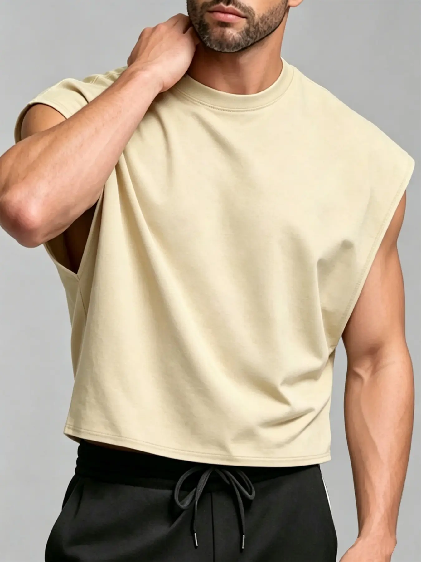 Men's Beige Plain Crew Neck Sleeveless Tank Top, Cut Off Wide Armholes, Cropped Oversized Loose Fit, Solid Color Casual Fitness Sleeveless Top
