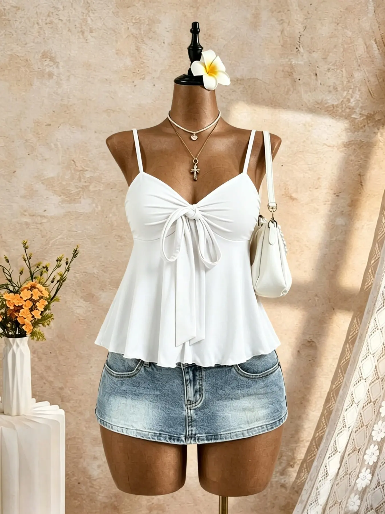 Women's Butterfly Knot Ruffle Strapless Top, Sweet V-Neck Sleeveless Ruffled Shirt, Perfect for Summer Beach Vacation and Casual Home Wear