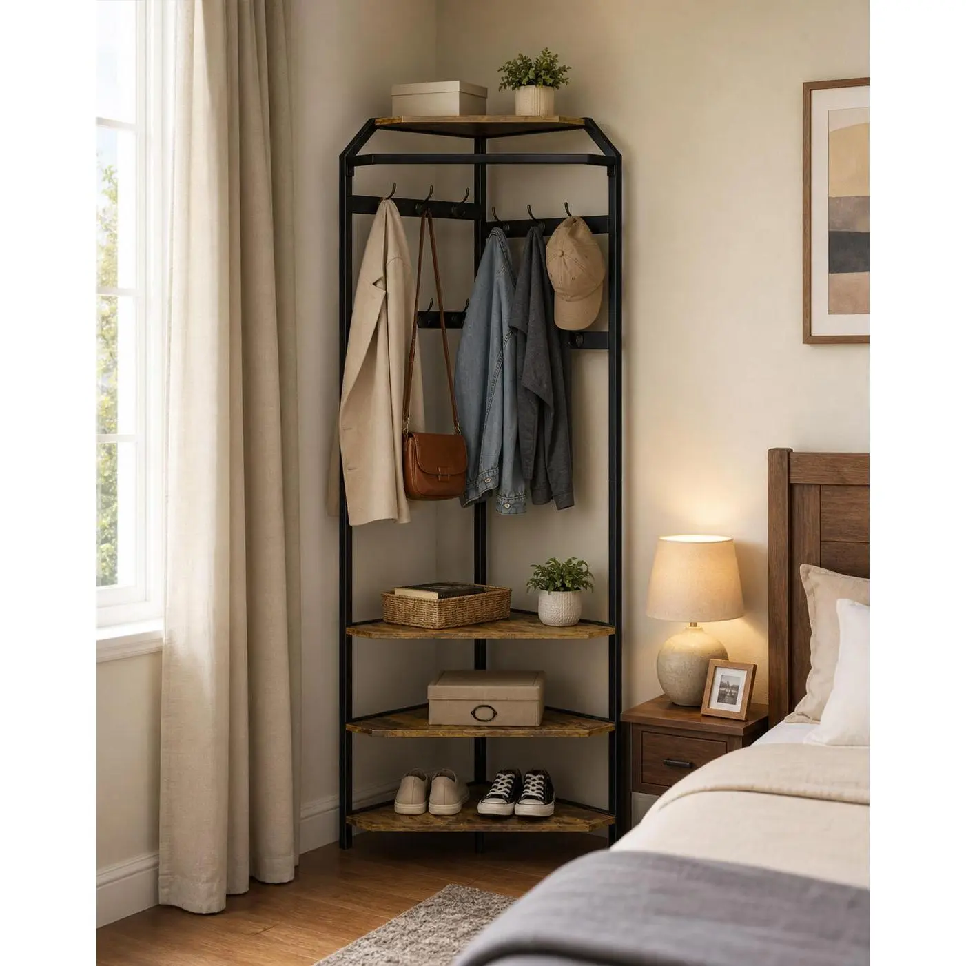 Garvee Space-Saving Corner Coat Rack Hall Tree – 3-Tier Storage Shelves – Entryway Organizer with Hooks for Hallway, Bedroom, Living Room – Freestanding Modern Furniture, Stone Grey