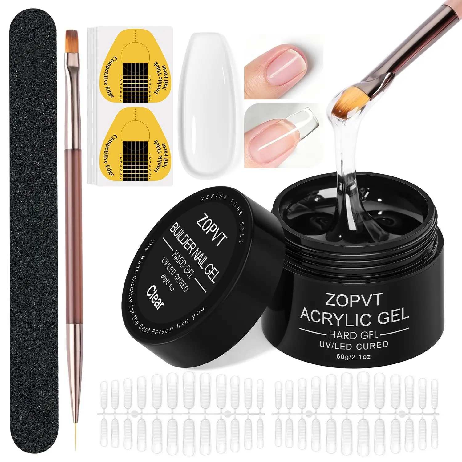 Transparent Gel Extension Kit, Self-Leveling Durable Hard Gel, Includes Paper Mold, Dual Mold, Nail File, Brush, 2.1oz, 5 Colors Available, Gel Nail Kit With Everything