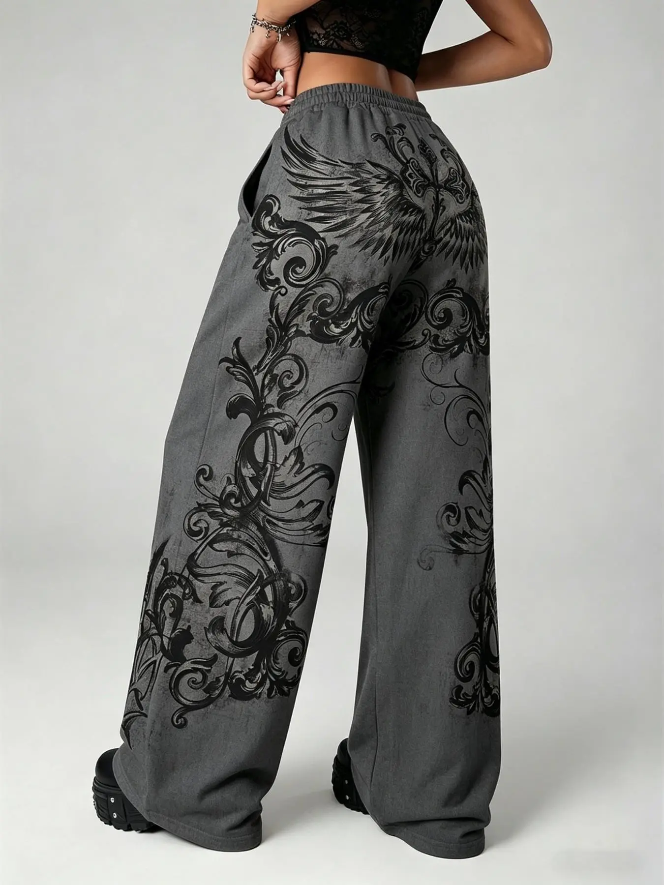Gothic Wings Print Wide Leg Sweatpants, American Street Style Casual Pants, Loose Fit Slimming Design, Versatile Fashion Essential