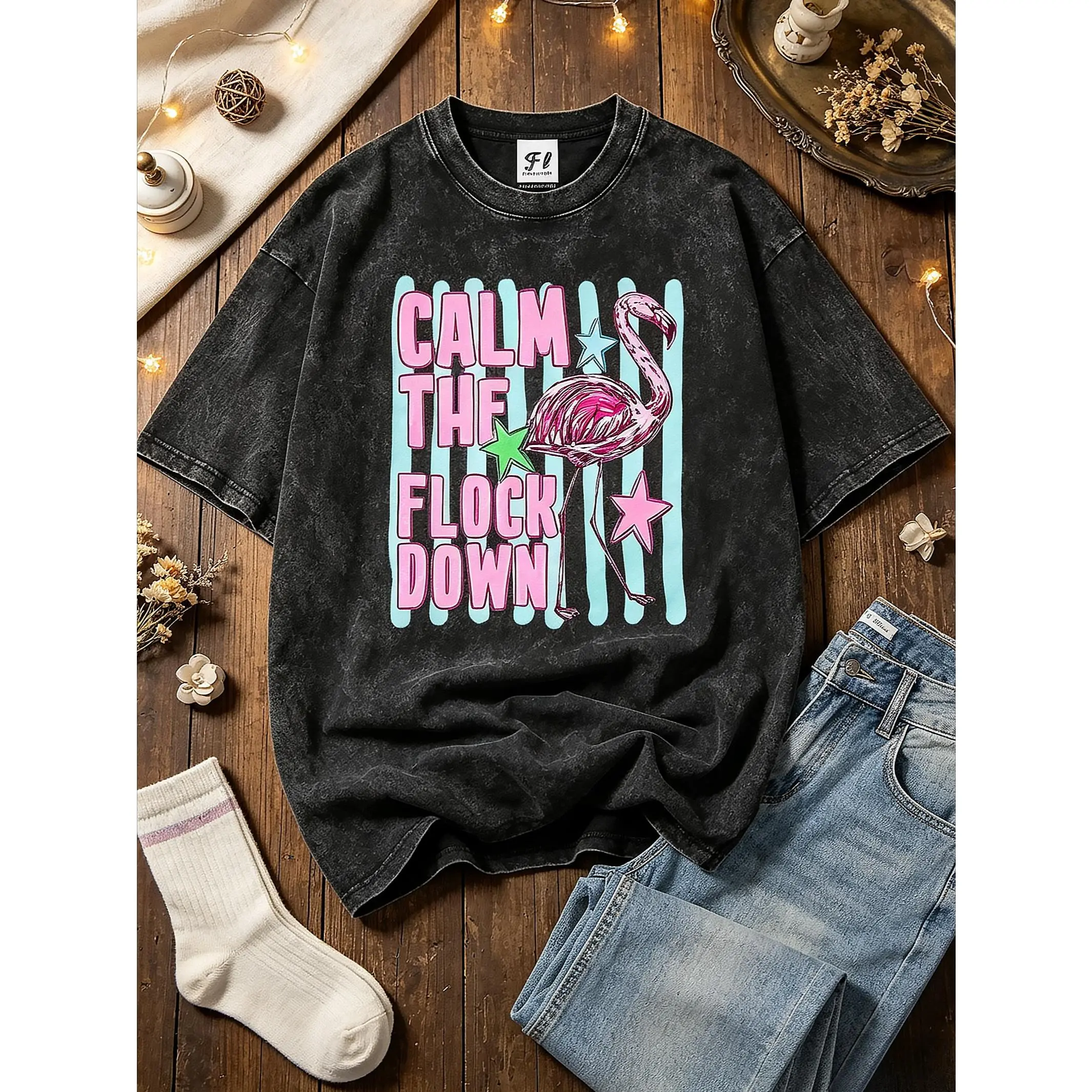 Funny Flamingo Humor Tee, Tropical Bird Summer Gift Graphic Apparel Comfy T-Shirt,Viral Y2K Preppy Summer Tropical Streetwear for Women Teen Girls, Loose Drop Shoulder Beach Vacation Top, Lightweight Cozy All Day Comfort Vintage Shirt