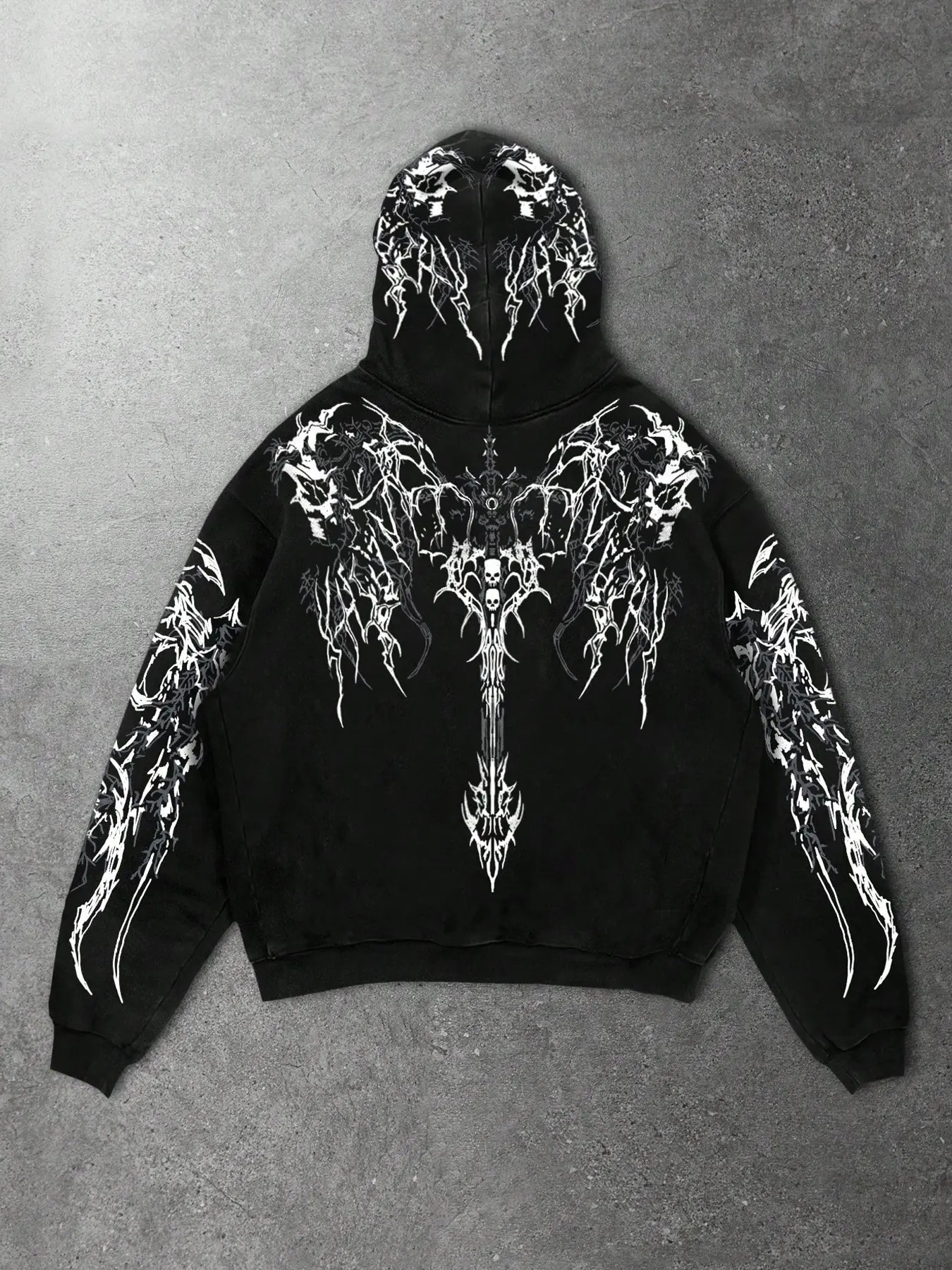 Gothic Thorn Wings Skull Long Sword Pattern Print Graphic Full Print Hoodie Sweatshirts, Dark Aesthetic Loose Casual Streetwear Unisex, Fall & Winter Fitted H-Type