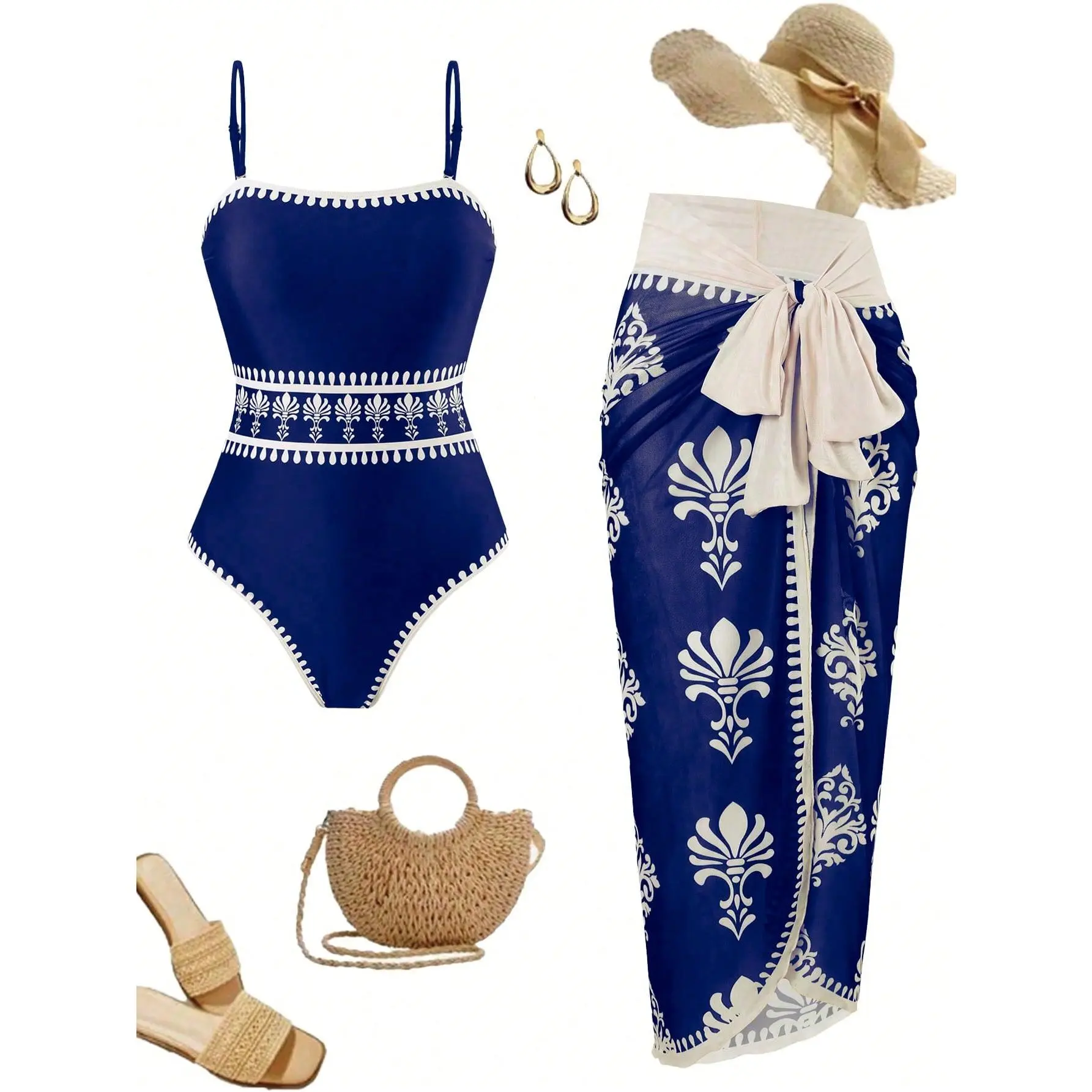 Women's Retro Bathing Suit Outfit, 2-Piece Boho Baroque Print Swimsuit with Sheer Tie-Front Sarong Cover Up Skirt, Bathing Suit Outfits, Swim Suit With Skirt