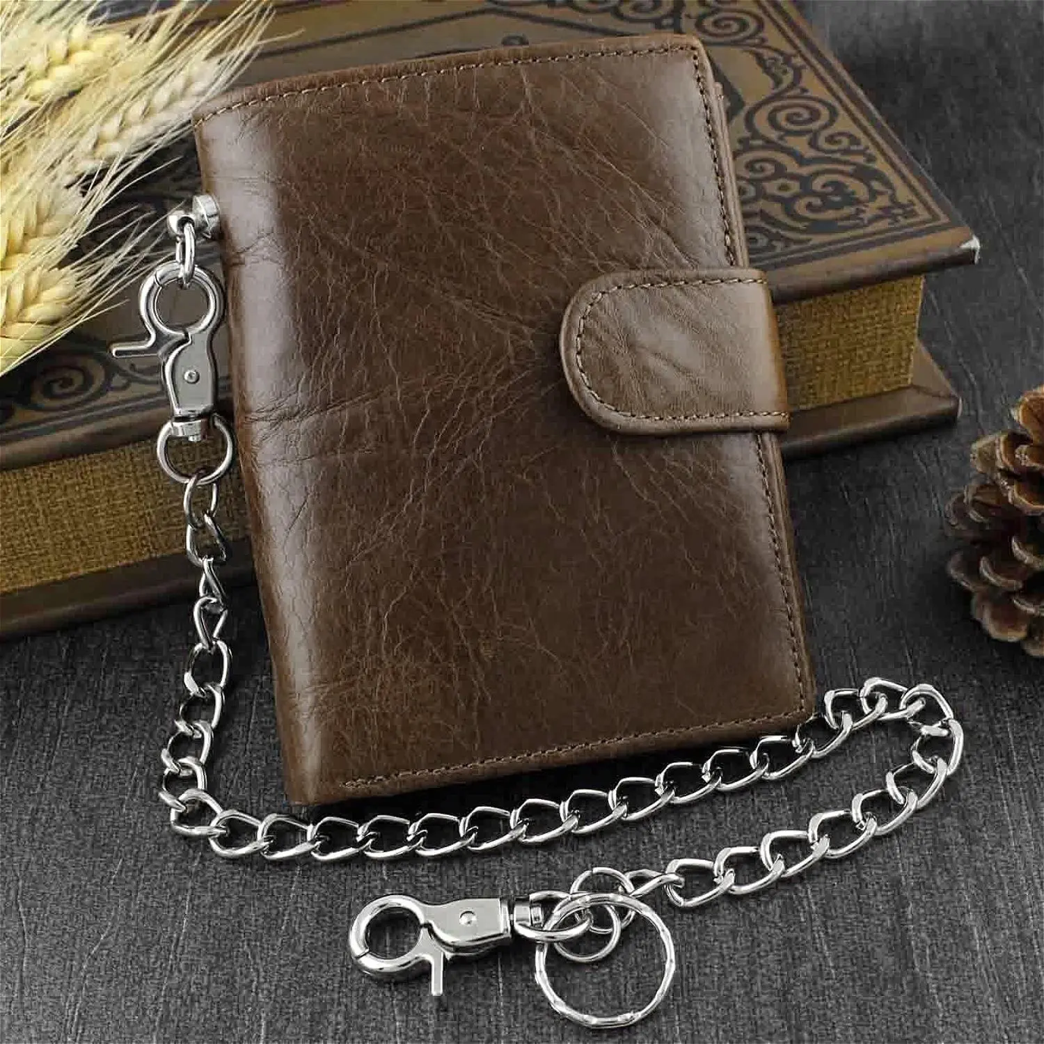 Real Leather Mens Biker Rock Trucker Wallet Short Chain For Coins Money Brown