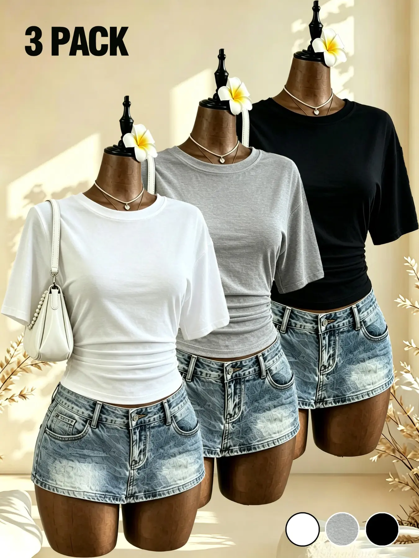 Women's 3-Pack Pleated Waist Short T-Shirt, Y2K Trendy Summer Casual Top, Slim-Fitting, Multi-Color Options, Perfect for Daily Wear