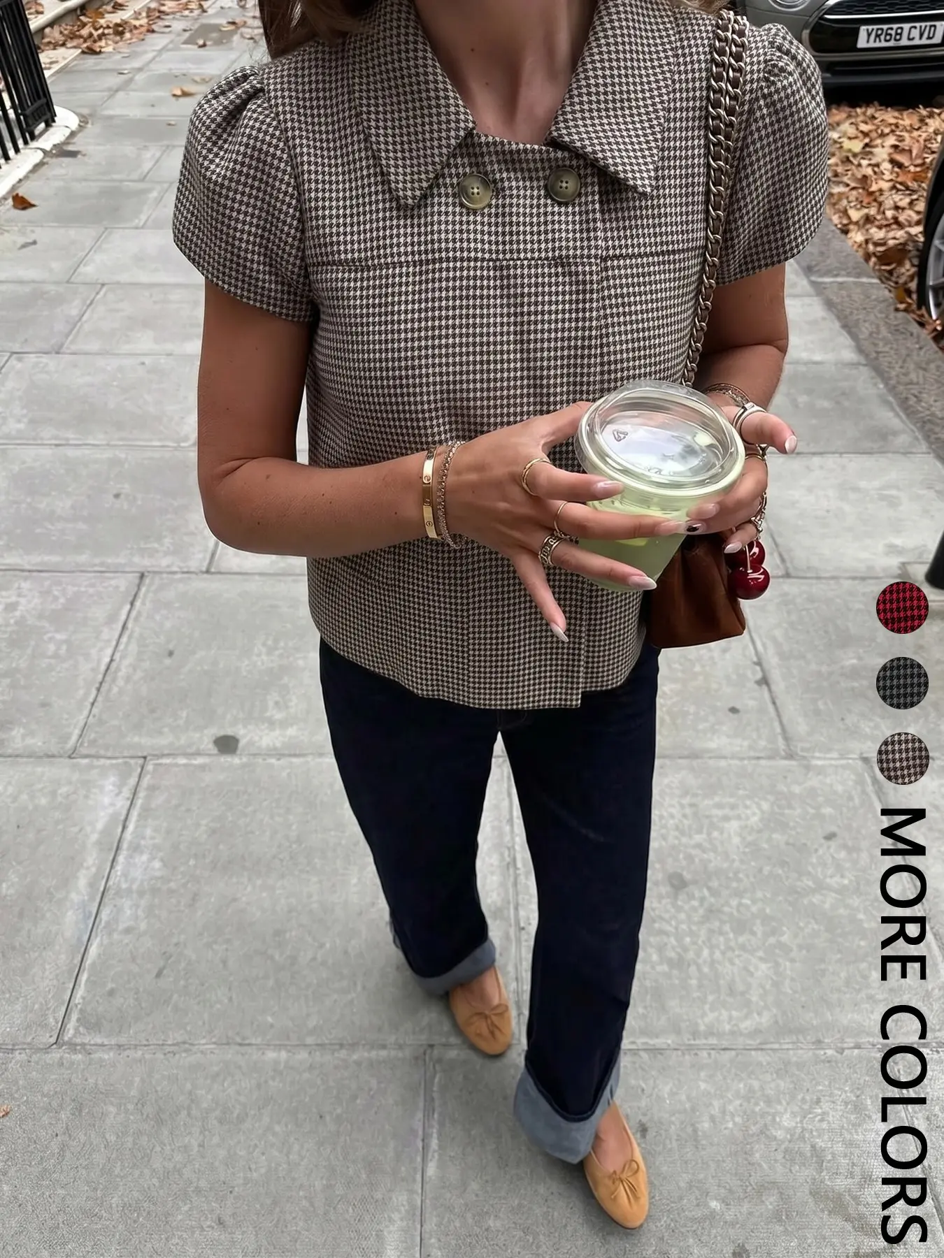 Women's Houndstooth Short Sleeve Shirt, Professional Style, Fitted Design, All-Season Wear, Slimming Effect, Pocket Detail