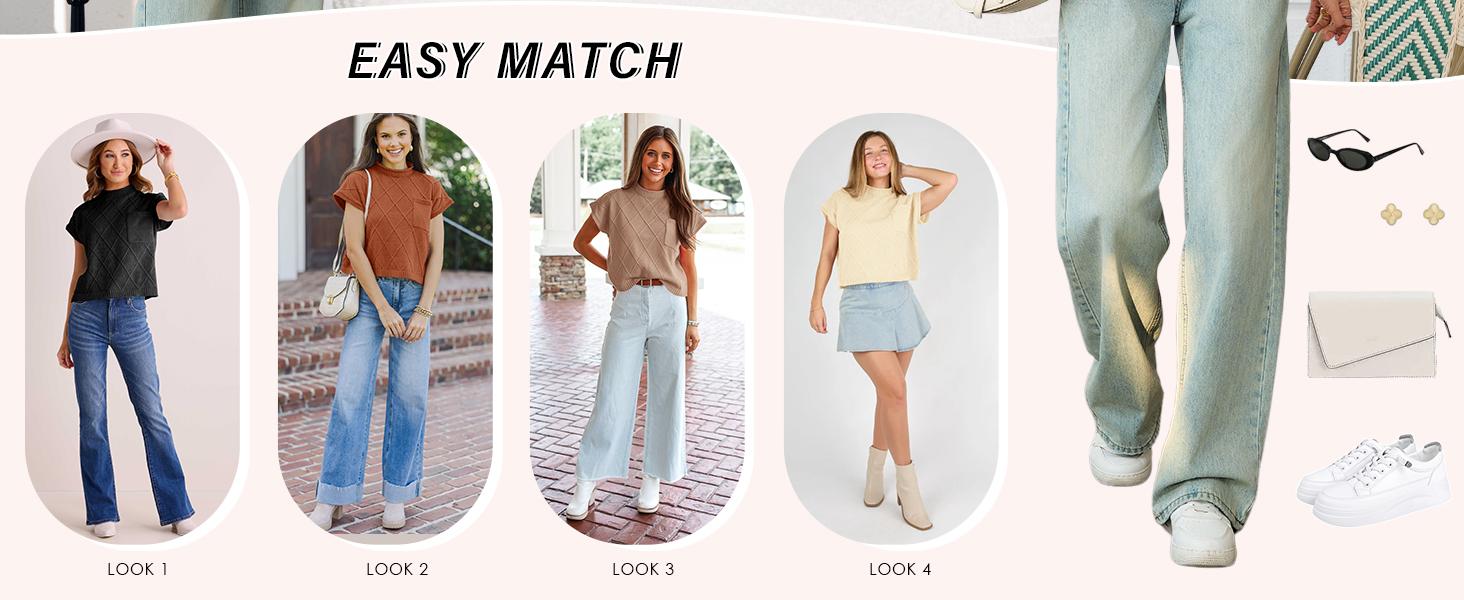 Saodimallsu Women's Mock Neck Cap Sleeve Sweater Vest Soft Lightweight Knit Tops for Summer & Spring Casual Outfits Shortsleeve Womenswear Basic Knitted Chunky Chic