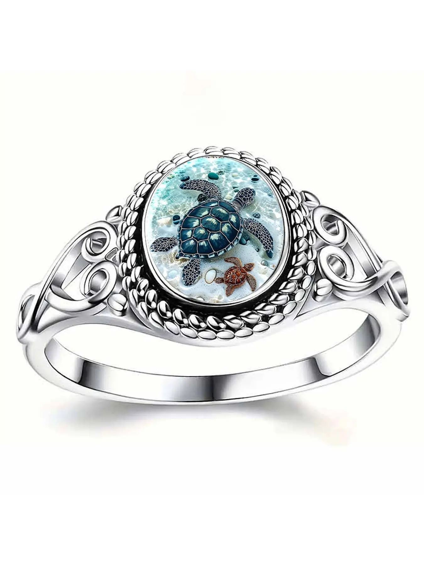 Retro hollow-patterned round ring, beach-sized turtle pattern accessory, ocean animal-themed design, symbolizing peace and longevity. Zinc alloy with silver plating, retro engraved craftsmanship, with a fresh and natural style. Suitable for daily wear, as