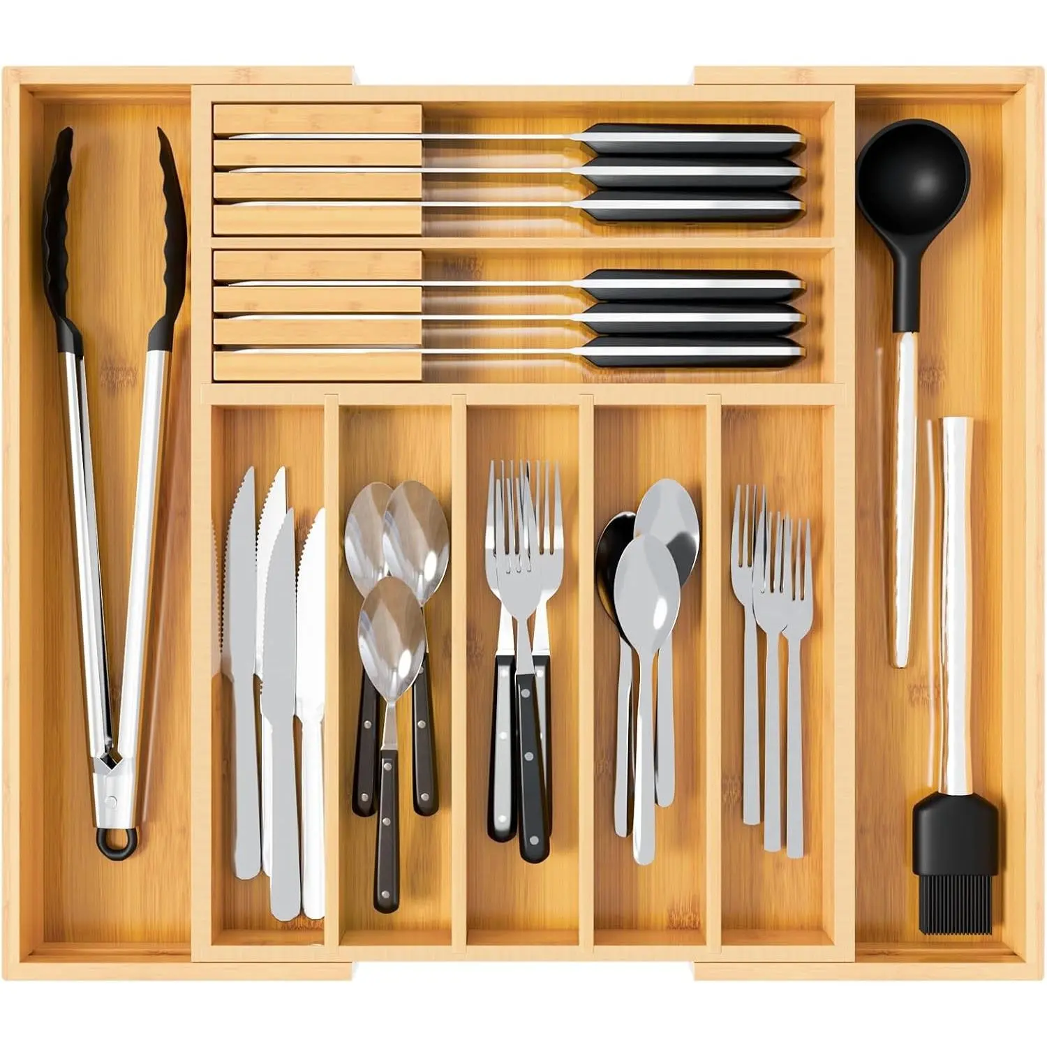 Bamboo Expandable Drawer Organizer for Kitchen Utensils, Adjustable Silverware Tray with 9 Deep Slots for Large Spoons & Knives, Natural Wood Flatware Caddy for Cutlery Storage (Fits 13"-20")