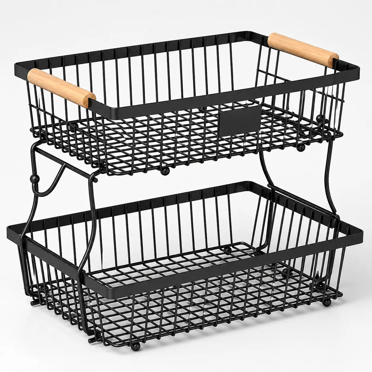 Modern Open Metal Wire 2-Tier Durable Fruit Basket with 2 Banana Hooks & Wooden Handles, Farmhouse Countertop Rack, Home Food & Beverage Organizer, Coffee Bar Accessory