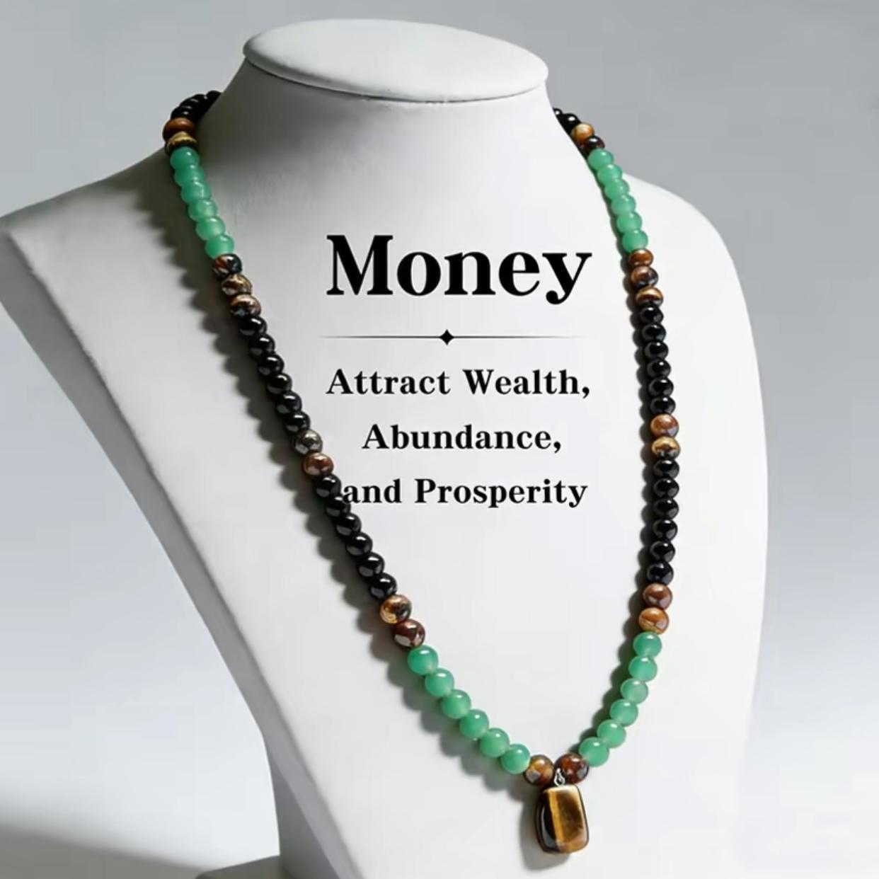 Green Aventurine & Tiger Eye Money Attraction Necklace, Natural Healing Crystal Pendant for Wealth & Prosperity, Long Chain Sweater Necklace, Ideal Gift Jewelry for Men and Women, Jewelry Charms for Anniversary, Vacation &Theme Parties