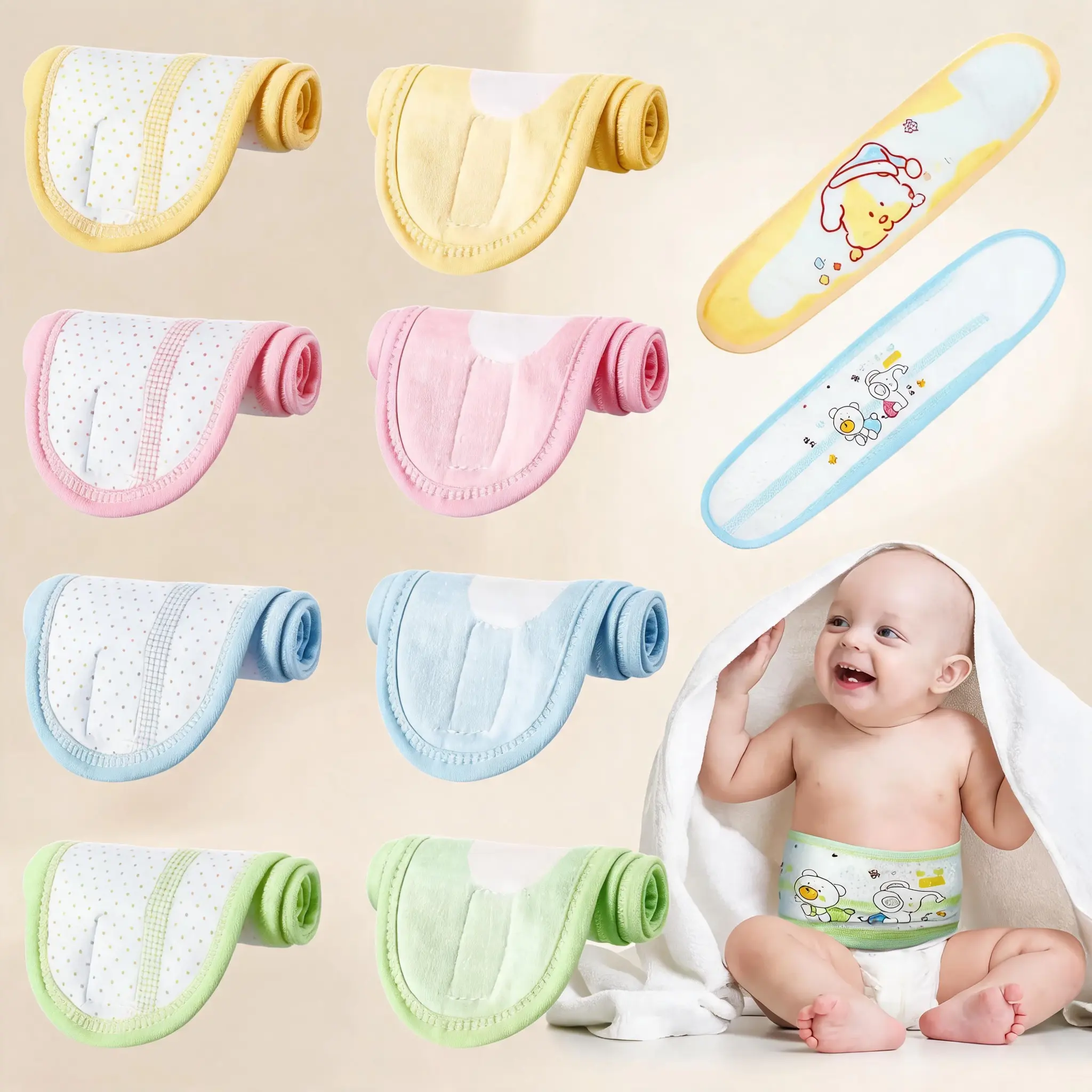 Unisex 8-Pack Soft Cotton Baby Belly Bands with Cartoon Prints, Breathable Abdominal Binder for Newborn Warmth, Umbilical Wrap for Cord Care, Belly Band