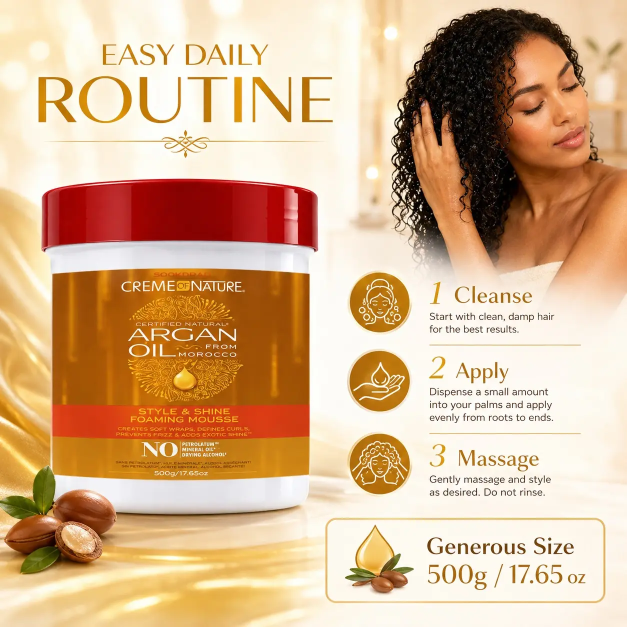 Morocco Argan Oil Foaming Mousse, creates soft wraps, defines curls, prevents frizz, adds shine, hair styling product, for curly hair, 500g