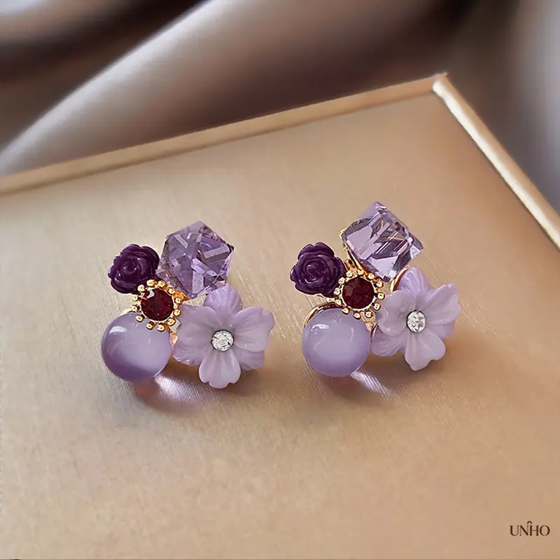 2026 New‑Arrival Purple‑Crystal Flower Stud‑Earrings For Women, Trendy Popular Elegant‑Designed Jewelry, Fashion Versatile Daily‑Wear Female Ear‑Accessories