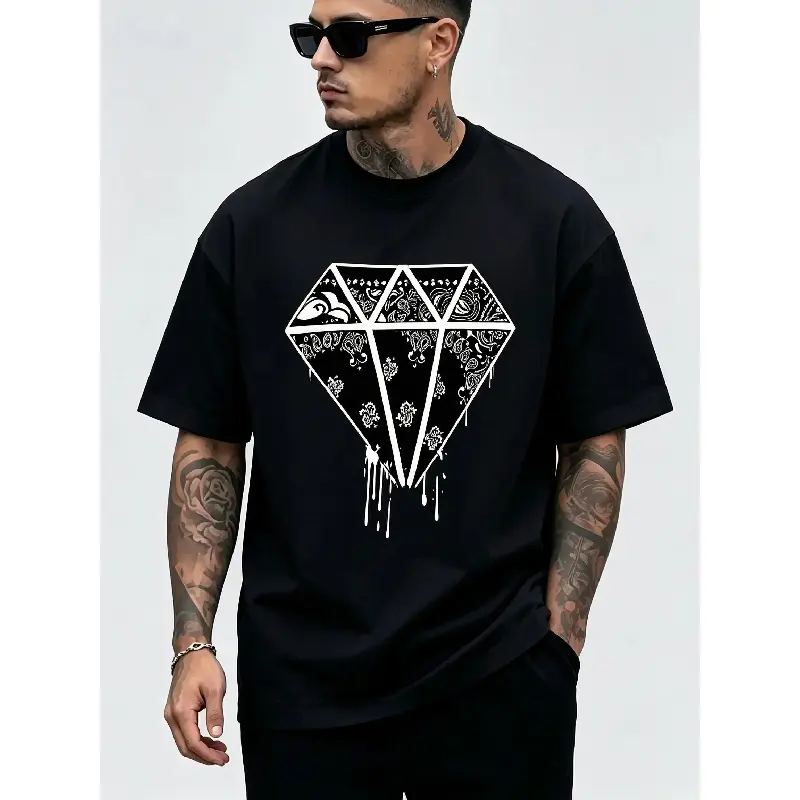 Bandana Paisley Dripping Diamond T-Shirt for Men & Women - West Coast Urban Graphic, Soft Breathable Cotton Crew Neck Short Sleeve, All-Season Summer Spring Casual, Great for Daily Wear & Hip Hop Style, Machine Washable