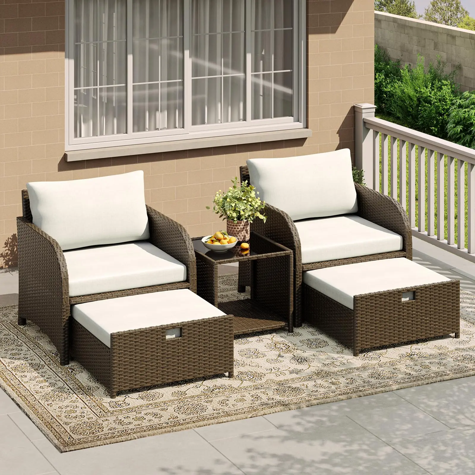 5 Piece Rattan Patio Sofa Set, Outdoor Wicker Conversation Group with 2 Armchairs 2 Ottomans & Glass Table – Thick Cushion for Backyard Balcony Porch