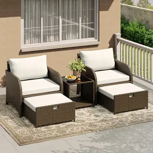 Summervibes Flash sale home items 5 Piece Patio Conversation Set - PE Rattan Wicker Outdoor Sofa with Lounge Chairs, Hidden Ottomans & Tempered Glass Coffee Table - Soft Cushions, Space-Saving - Balcony, Garden, Porch, Backyard
