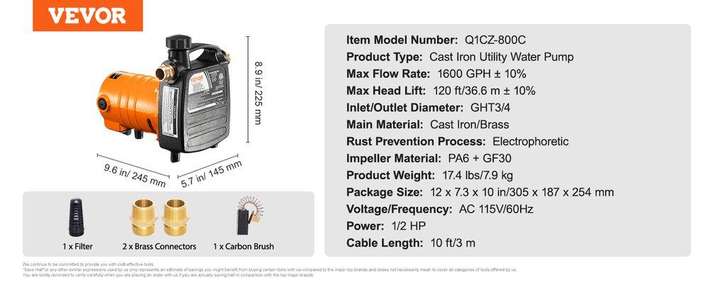 VEVOR Cast Iron Water Transfer Pump, 115V AC 1600 GPH 1/2HP, Portable Electric Utility Pump with Carbon Brush,, Brass Connectors, for Garden, Rain Barrel, Pool, Pond, Tub, Aquarium Draining