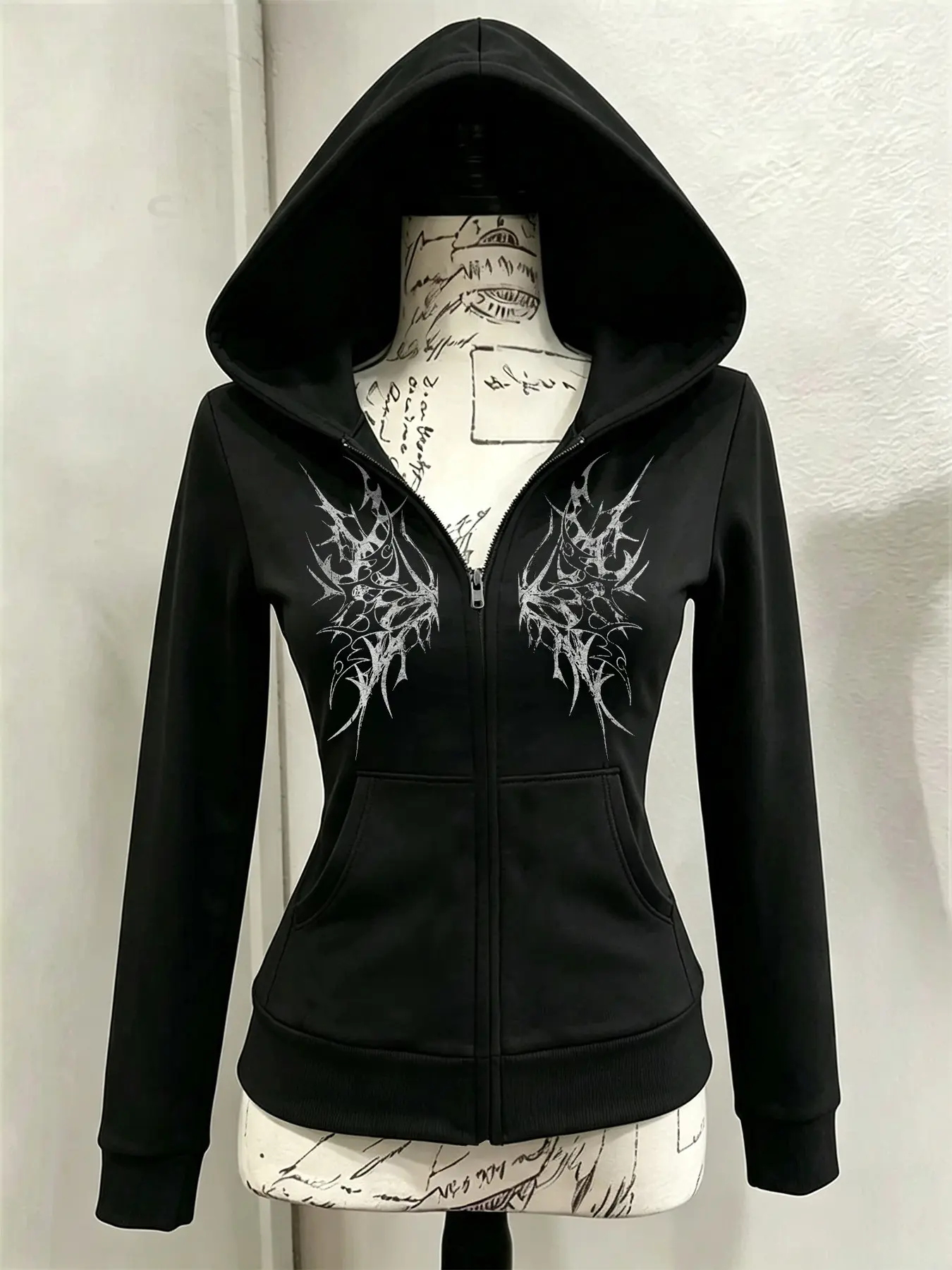 Women's Gothic Thorn Zip Up Jacket, Fall Jackets, Slim Fit Long Sleeve Tops, For Fall & Winter Casual and Daily Streetwear