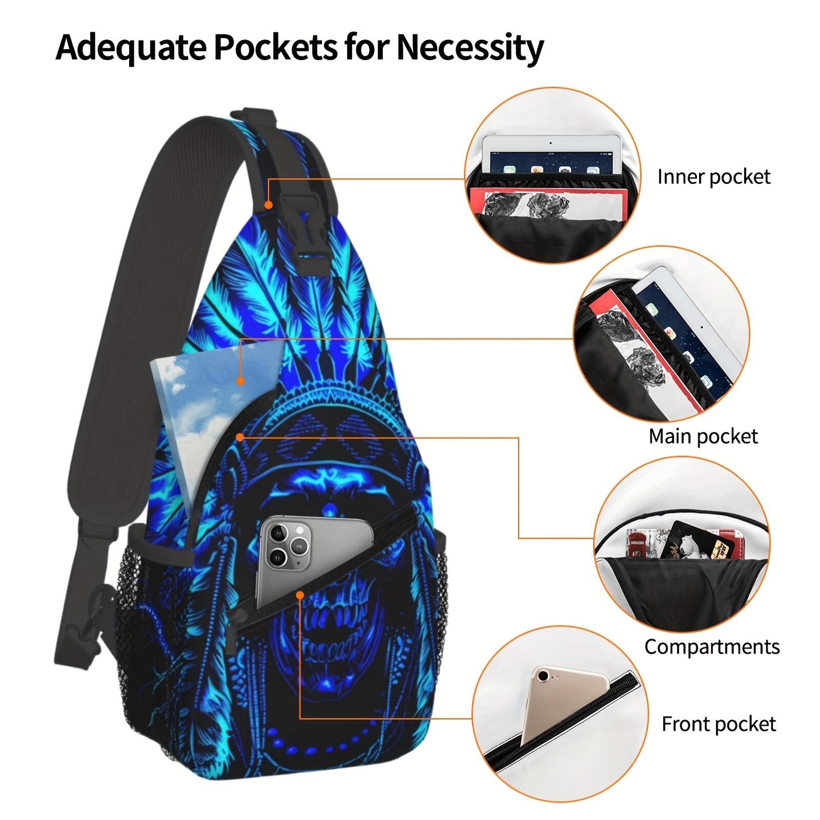 Crossbody Chest  Hiking Indian Western Tribal Blue Skull Shoulder  Folding Large Capacity Fashion Durable Can Be Used For Shopping, Travel Beach  Fishing  Halloween Travel Accessories Must Have  For School Backchristmas Gifts bag backpack