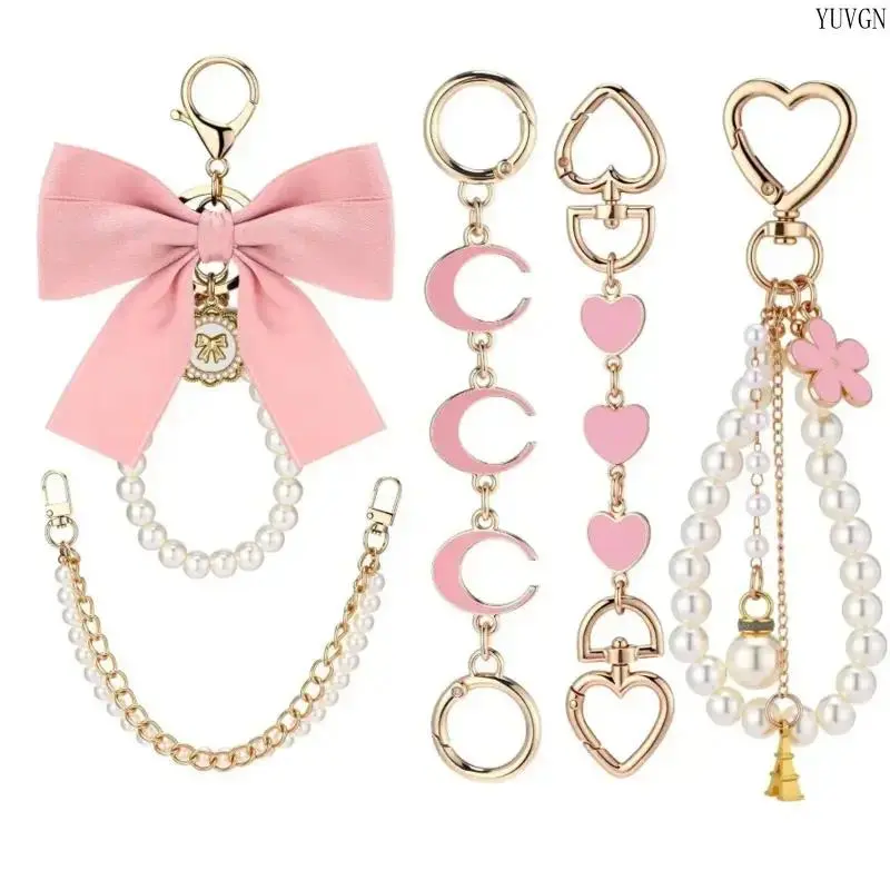 5 Pcs Gold Bow Pearls Bag Extender Chains - Detachable Clip-On Easy Charm Sets, Crossbody Handbag Accessory Purse Strap for Outdoor Leisure Use, Bag Extender Chain, Bag Straps, Chain Detail