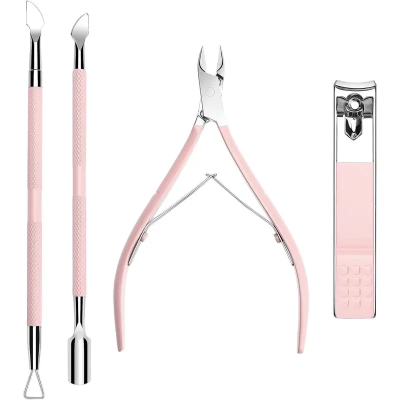 Outdoor activitiesCuticle Trimmer with Cuticle Pusher and Nail Clipper - 4 PCS Cuticle Cutter Nipper Remover Pedicure Manicure Tools, Professional Stainless Steel Dead Skin Clipper for Fingernails Toenails Pink