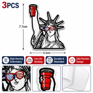3pcs-bag Statue of Liberty with US Flag Sunglasses & Red Cup Embroidered Patch for Jacket, Backpack & Hat - Cute Trendy Patch for Teens & Young Adults