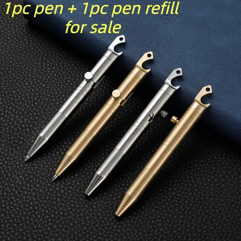 Mini Brass Ballpoint Pen with Bottle Opener, Portable Travel Pocket Pen, Emergency Writing Pen, Business Office Gift, Free Extra Ink Cartridge