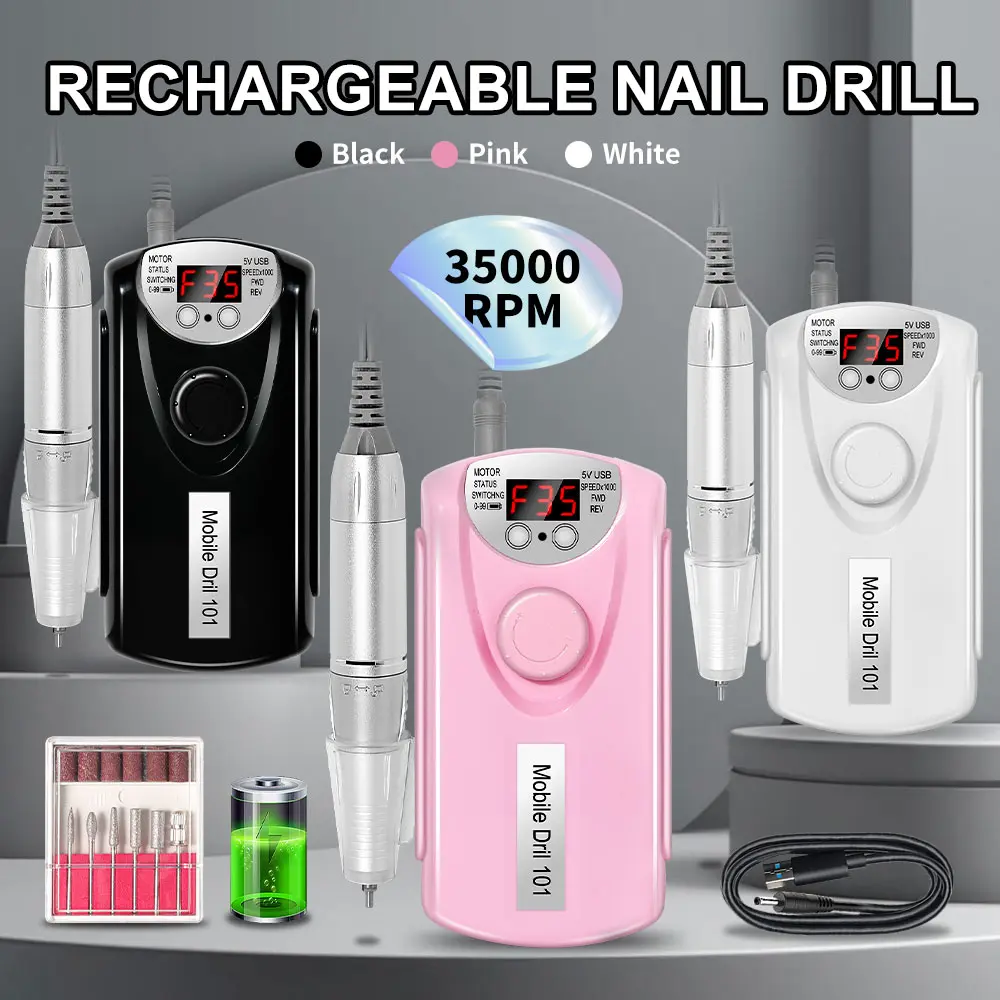 Professional Nail Drill, 35000 RPM Electric Mobile Drill For Acrylic Nails, Rechargeable Electric Nail File Machine Kit For Home Use, Salon Quality, Portable & Low Noise.