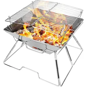 Father's Day Backpacking Camping BBQ Gifts for Dad| Folding 304 Stainless Steel Campfire Grill With Support Legs| Portable Outdoor Barbeque Grate With Carry Bag & Kitchen Tongs for Picnic Hiking Trips