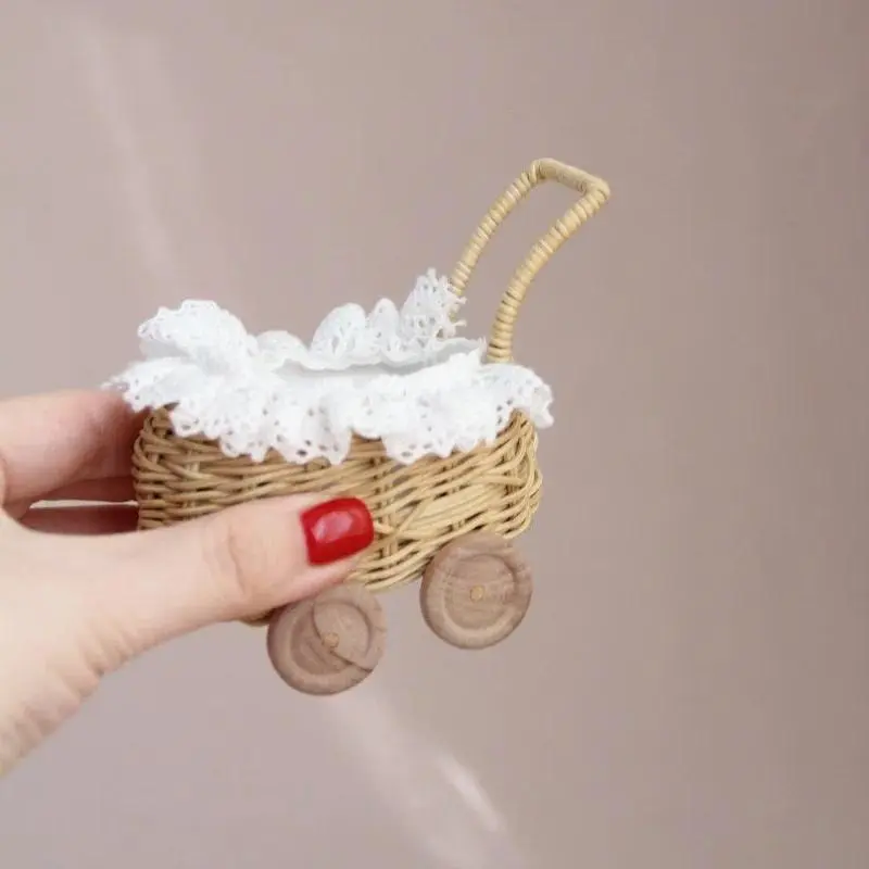 Vintage Boho Handwoven Rattan Miniature Doll Stroller - Wicker Bassinet Carriage for 10-13cm Tall OB11 BJD Dolls, Unique BJD Furniture, Role Play, Creative Storytelling Prop, Photography Prop