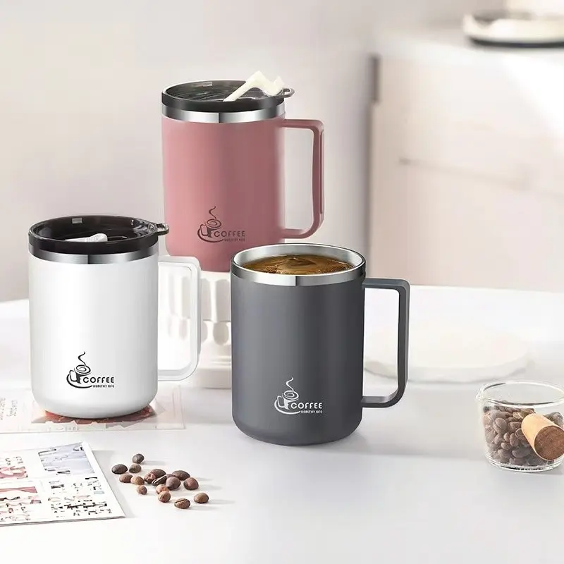 304 Stainless Steel Mug with Lid and Handle, Office Home Insulated Drinking Cup, Simple Large Capacity Heat-Resistant Tea Cup, Thermal Mug