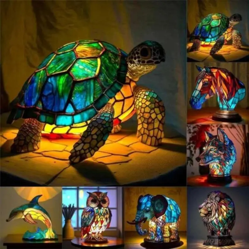 Resin Stained Glass Animal Table Light Night Light Owl Horse Rooster Elephant Table Lamp for Living Room Home Bedroom Decoration, 1 X Table Lamp