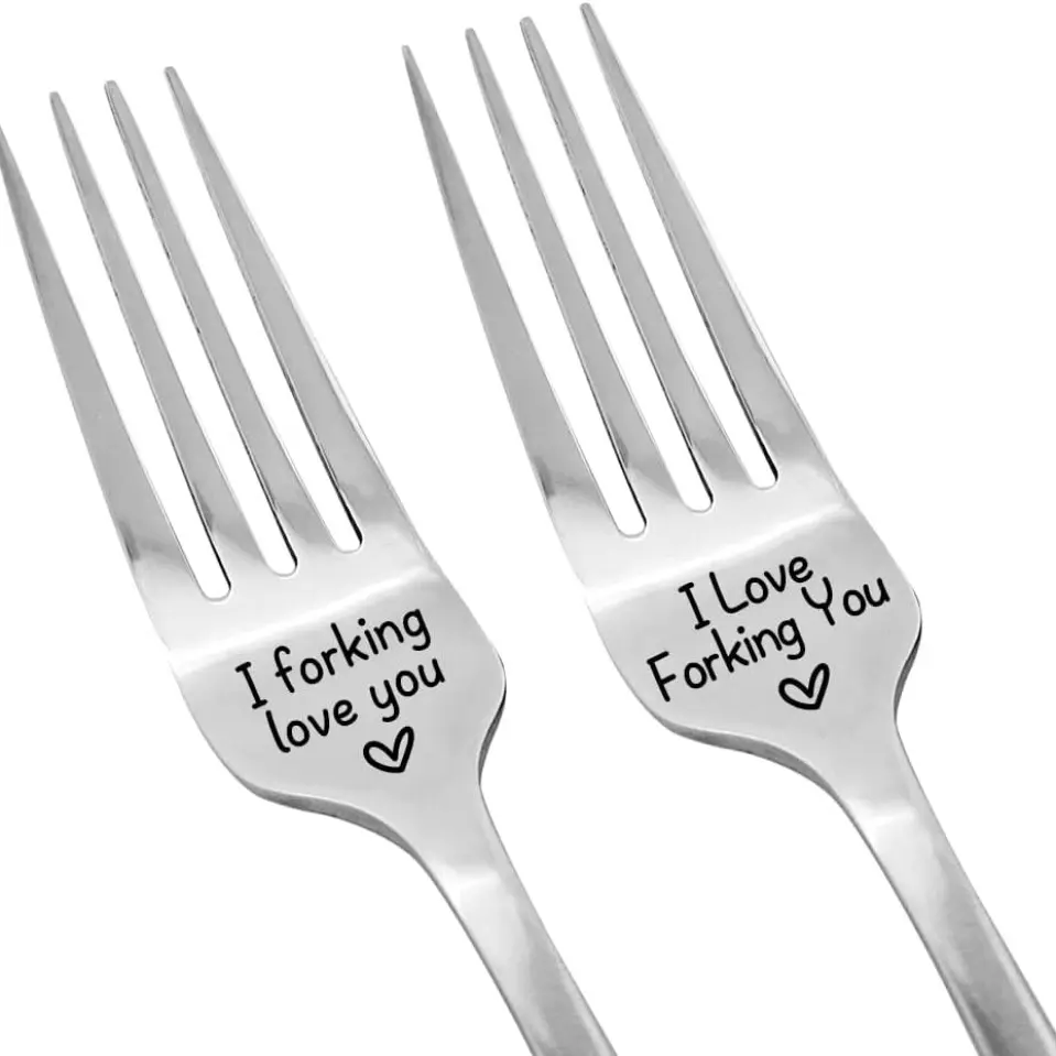 2pcs Polished Stainless Steel Forks, Laser Engraved Romantic Gift, Wedding Dessert Forks, Anniversary, Birthday, Christmas Presents
