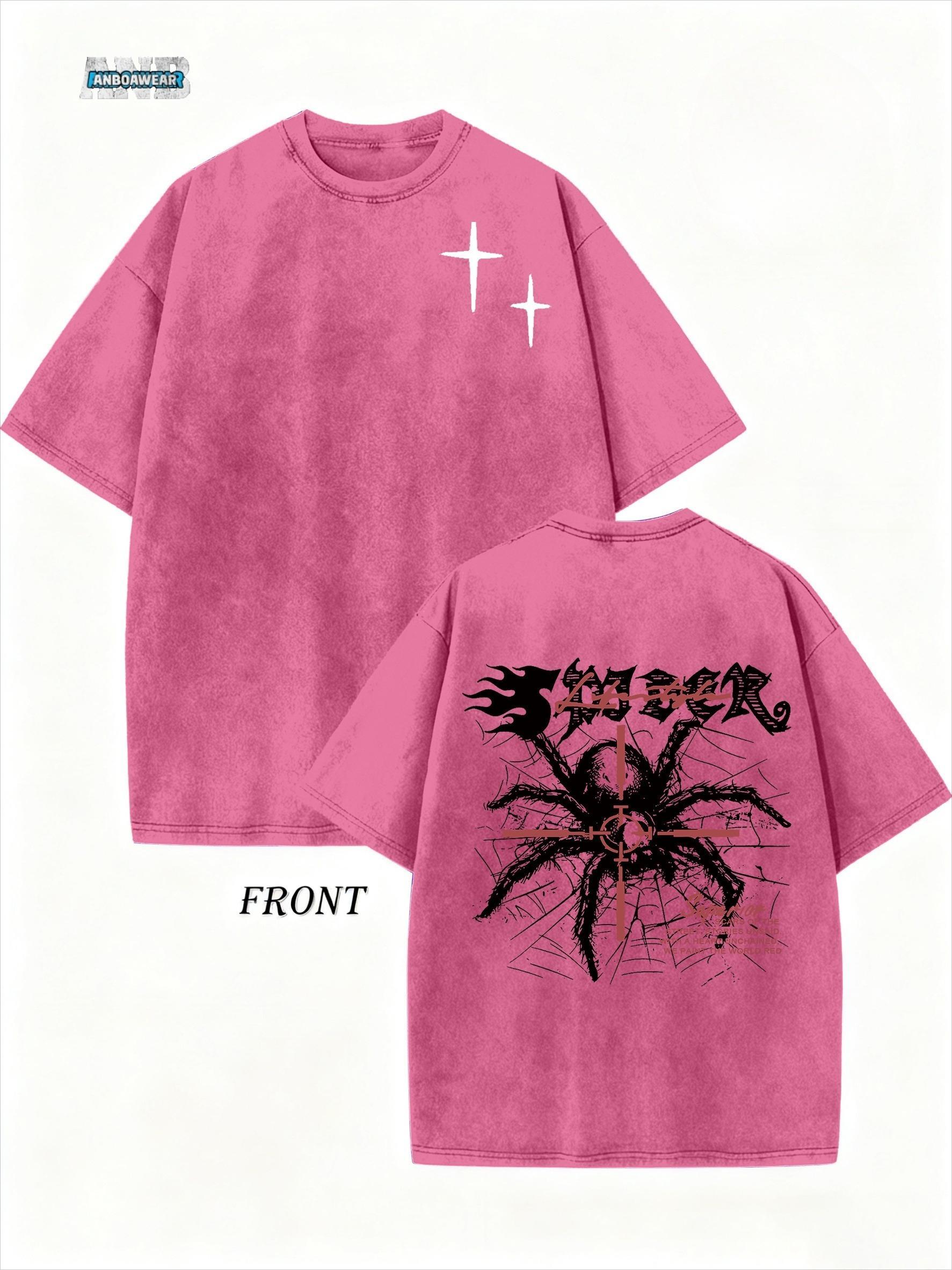 Vintage Harajuku Street Spider Double-Sided Print Pattern, Men's Vintage Streetwear Basic T-Shirt, Loose Hip-Hop and Androgynous Top, Washed Cotton Short-Sleeved Round-Neck T-Shirt for Summer Outdoor Men's Clothing.