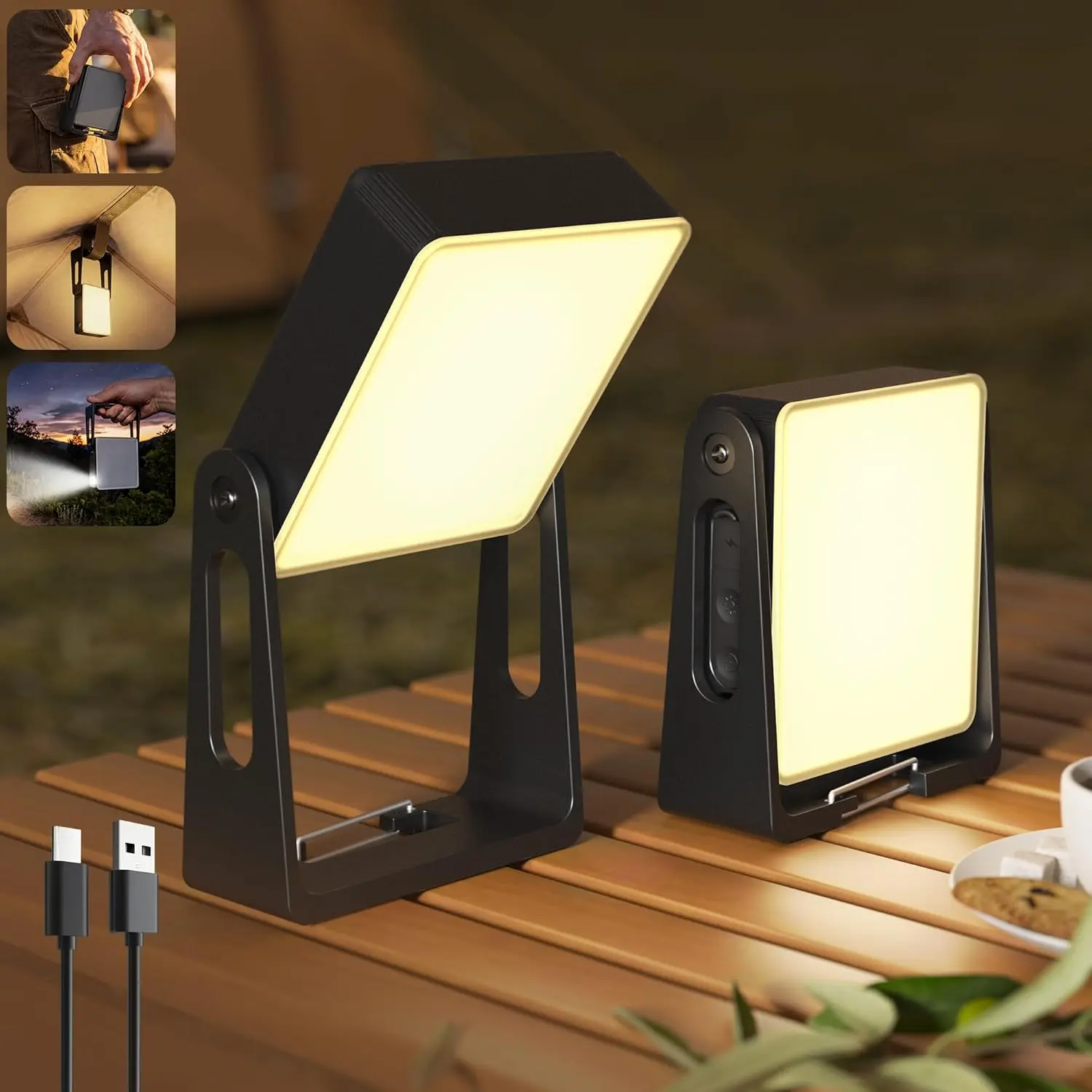 Rechargeable camping light, 2-pack, 4000mAh dimmable LED battery-powered camping light, 360-degree illumination°   Rotatable stand, two-in-one flashlight emergency light, suitable for home power outages, three light colors