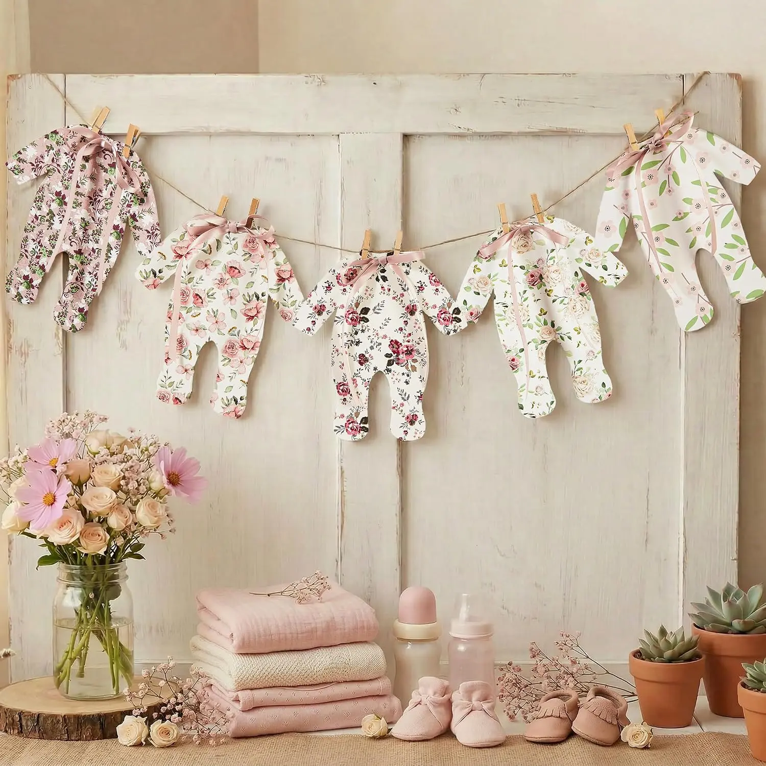 Baby Shower Decorations - Blush Pink Floral Paper Pajama Banner with Ribbon Bows, Shabby Chic Wildflower Garland for Gender Reveal, 10ft Jute Rope Vintage Nursery Wall Decor