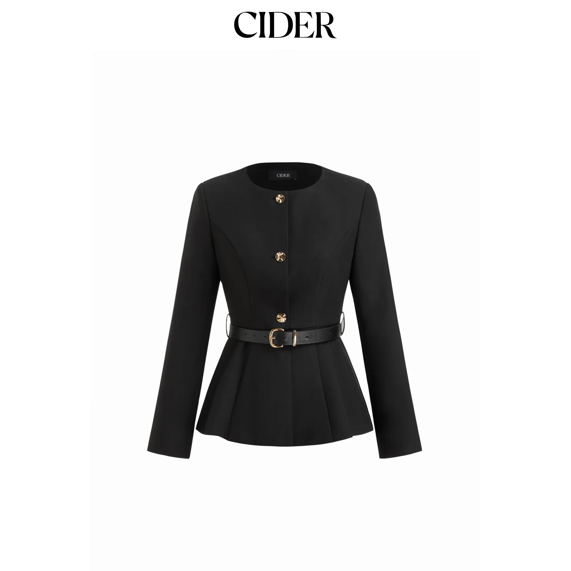 Cider Round Neckline Metal Button Pleated Blazer With Belt
