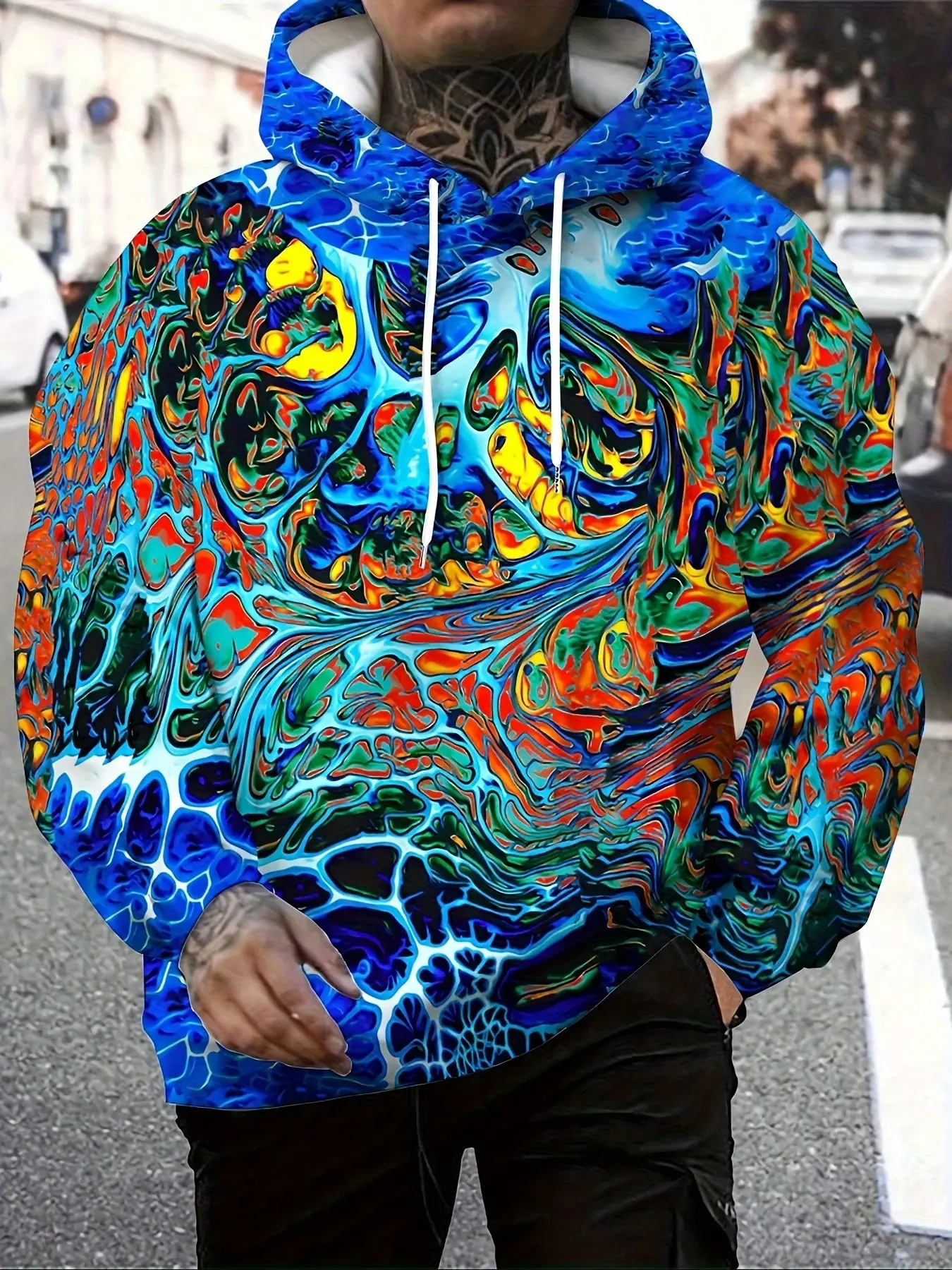 Men's Colorful Fluid Skull Full Print Hoodie, Psychedelic Honeycomb Texture, Street Style, Loose Fit, Fall & Winter, Long Sleeve Sweatshirt