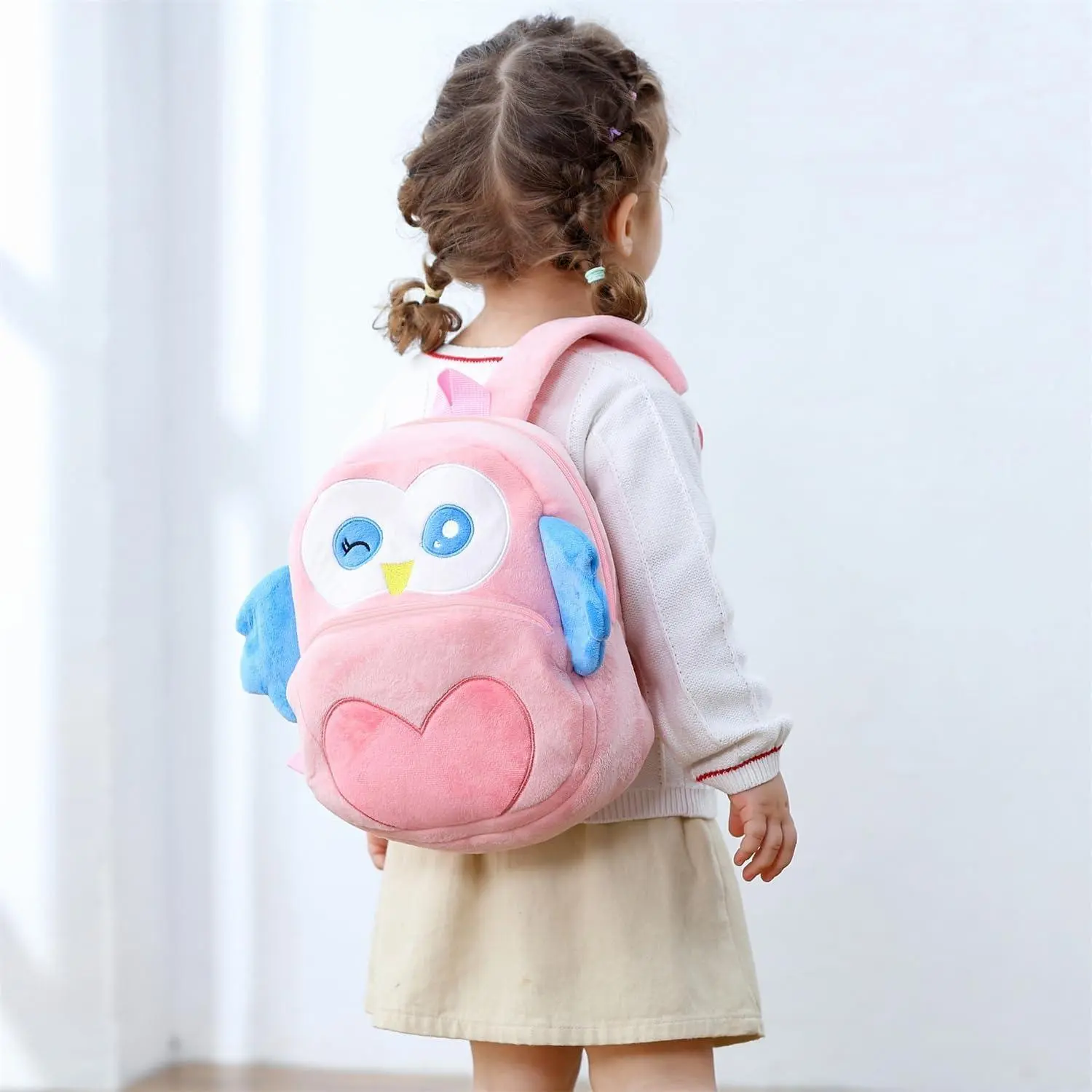 Cute Toddler Pink Owls Backpack,Kids Mini Plush Animal Cartoon School Bag Kindergarten Backpacks for Boys Girls 2-4 Years, Back To School Haul, Polyester