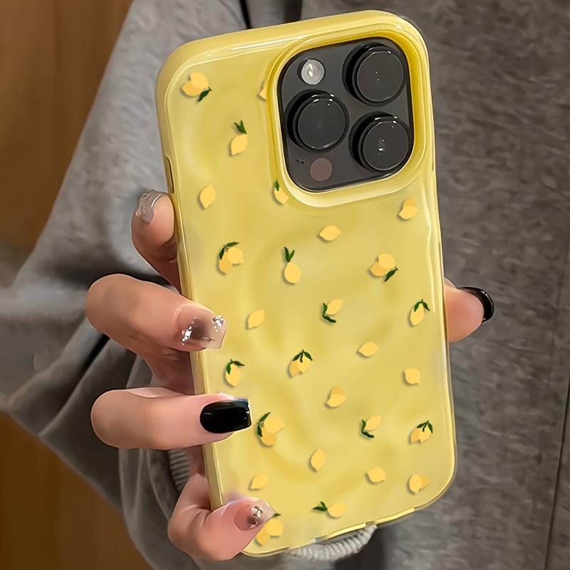 A protective case with a yellow lemon pattern design, featuring a wrinkled texture. This phone case is suitable for various iPhone models including 16/15/14/13/12/11 Pro Max/Plus. It's a popular birthday gift and business gift, durable and brand new, suit