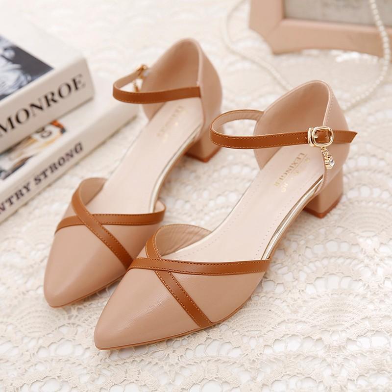 Women High Heeled Closed Toe Sandals Summer French Style Medium Chunky Heel Pointed Toe Ankle Strap