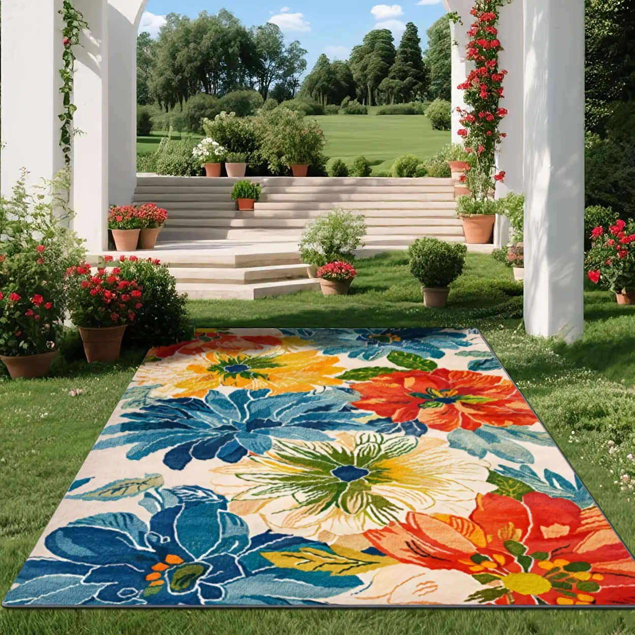 Colorful floral pattern carpet, suitable for home decoration, commercial decoration, outdoor large carpet, can be used for indoor and outdoor decoration, versatile living room carpet, sofa mat, door mat, coffee table mat