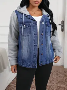 Women's Casual Hooded Denim Jacket, Coats, Patchwork Two-Piece Sweatshirt Sleeve, Loose-Fit Fall & Winter Outerwear, Drawstring Design, Adjustable