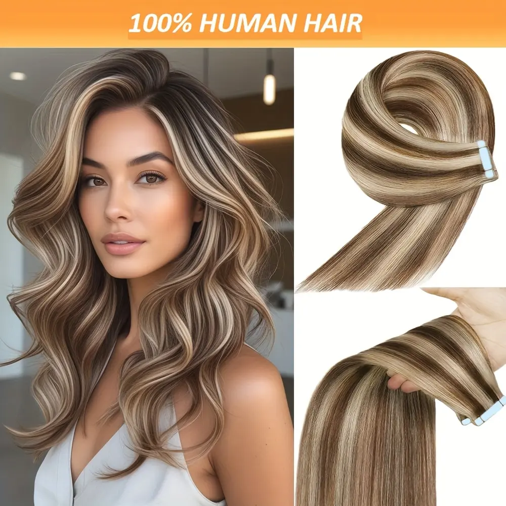 1‑4 Pack  Real Human Hair Tape‑In Extensions for Women, 18‑26 Inch Soft Straight Seamless Dark Brown to Blonde Highlights, Smooth‑Texture Tape‑On Hair, Natural Look & Easy Application for Versatile Glam Hairstyle Upgrades