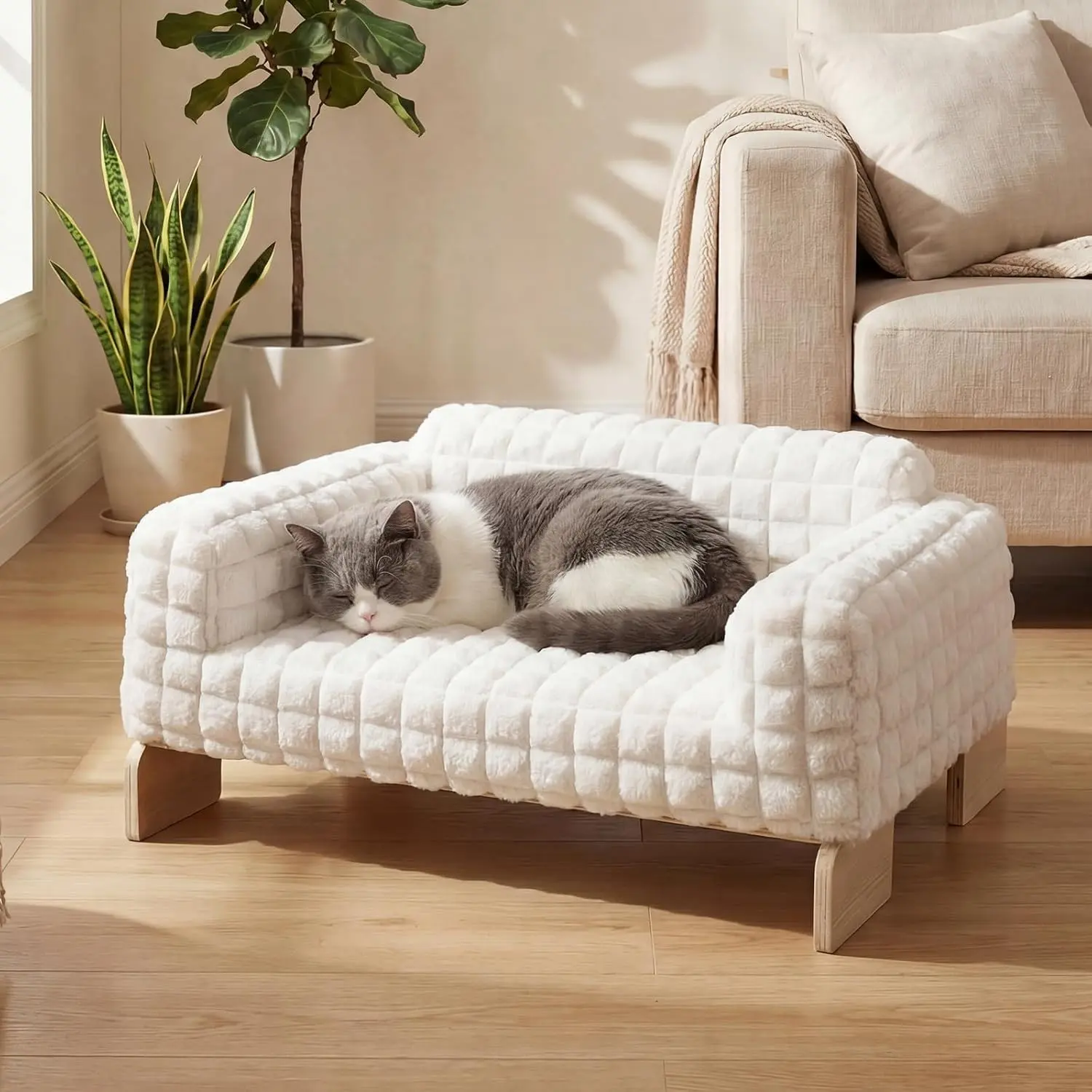 Elevated Cat Bed Indoor, Wood Furniture Style Cat Couch Sofa with Removable Washable Cover, Cute & Fluffy Small Cats Bed Furniture for Home