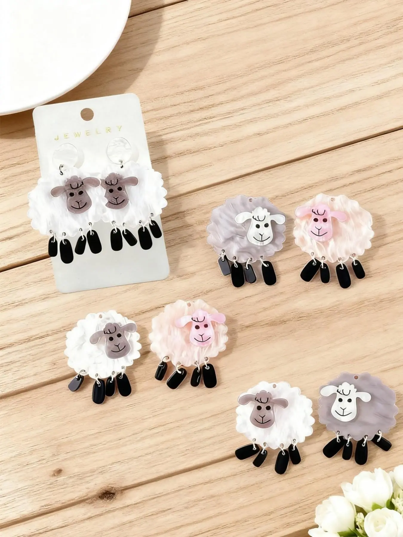 6 Pcs Cute Cartoon Fluffy Sheep Dangle Earrings, Lightweight Acrylic Lamb Drop Earrings with Tassel, Fun Animal Jewelry for Girls