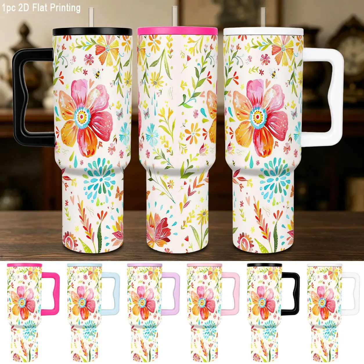 40oz 304 Stainless Steel Insulated Travel Tumbler with Lovely Wild Flower Bee Print Handle Straw, Long Lasting Heat Cold Retention for Iced Coffee Road Trip Graduation Gift