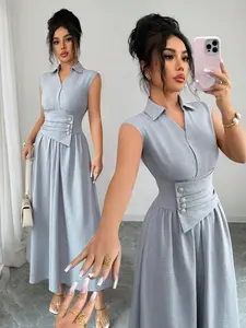 【Back to School Outfits】Women's Elegant V-Neck Midi Dress, Slim Fit Waist Design, Invisible Zipper, Casual Party Commute Wear, Long Sleeve Shirt Dress